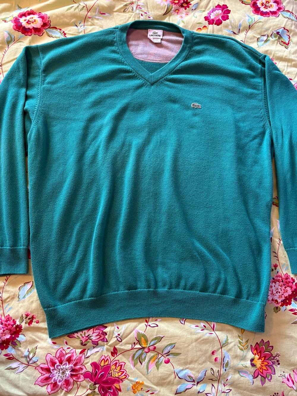 Lacoste Vintage 90s Green V-neck Pullover Sweater Men's 9 Or 3XL 29x29 EUC